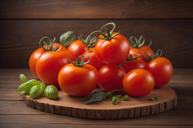 Tomatoes on a wooden table on a dark background ai generative