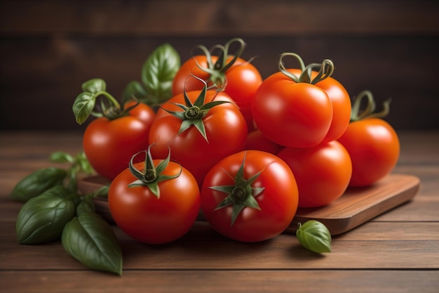 Tomatoes on a wooden table on a dark background ai generative