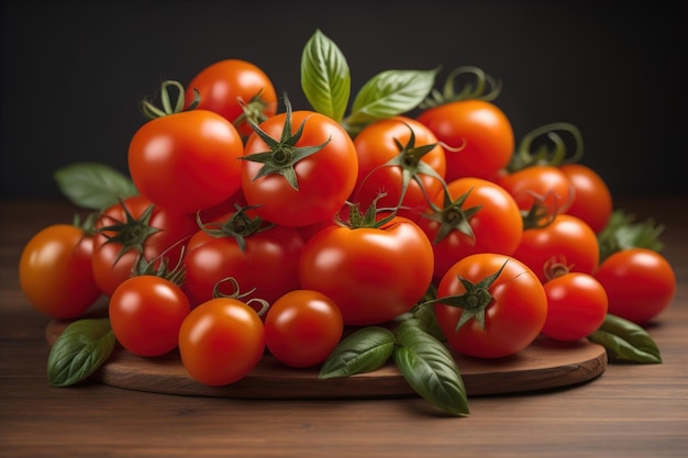 Tomatoes on a wooden table on a dark background ai generative