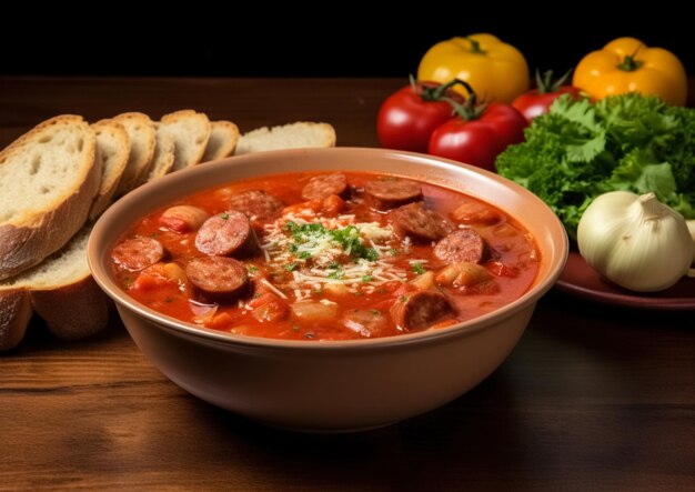 Tomatosausage soup with bread 4