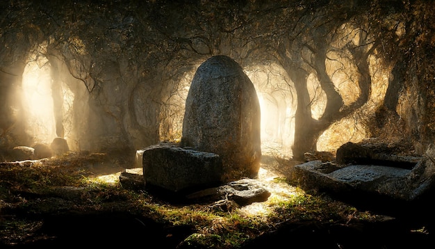 the tomb of a druidic queen, realistic, photorealism, ambient lighting