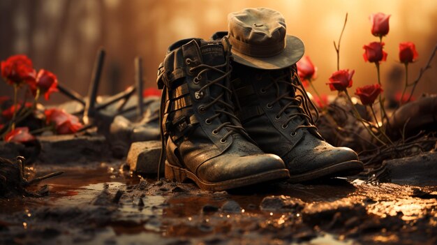 Photo tombstone battle soldier boots and helmets