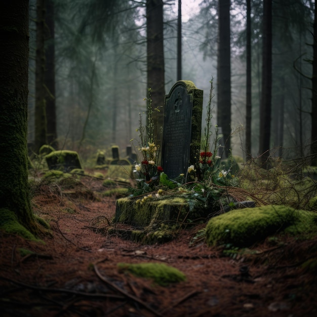 a tombstone sits in the middle of a forest