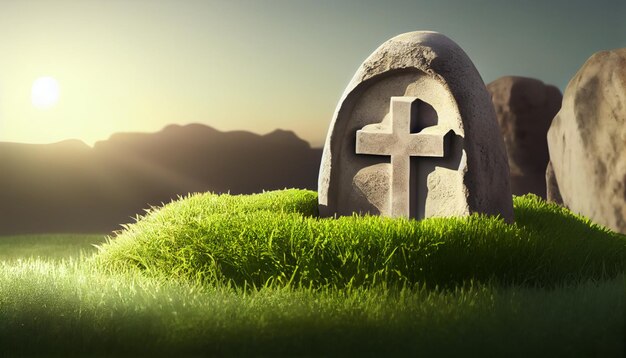 Tombstone with a cross on the hill Generative AI