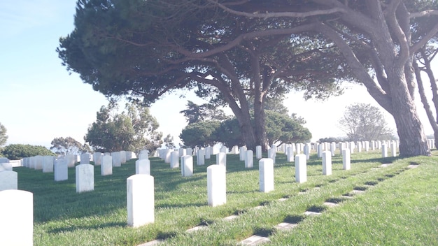 Tombstones on american military national memorial cemetery graveyard in usa