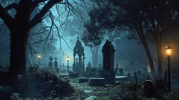 Tombstones can be seen against the background of darkness The peaceful quiet nature of the night cemetery