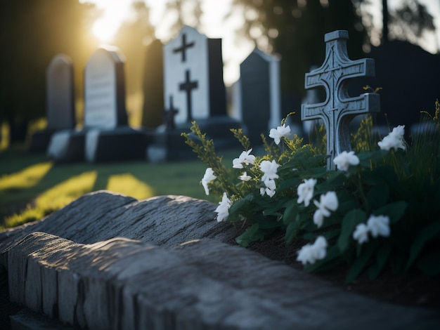 Photo tombstones in cemetery with flare