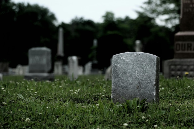 Photo tombstones on grassy field in cemetery against sky