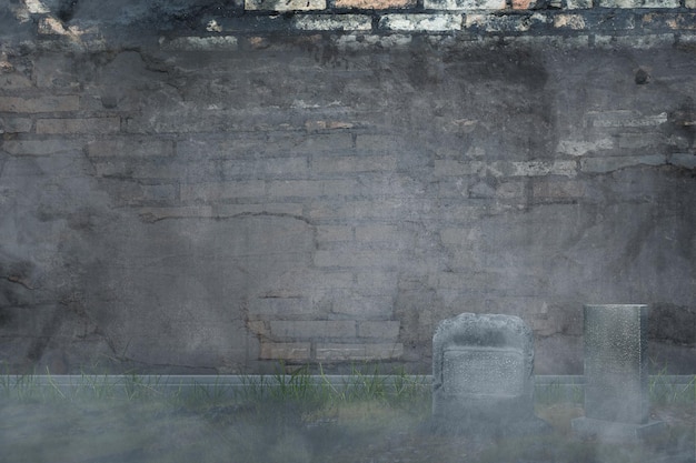 Tombstones on the graveyard with a brick wall background Scary Halloween background concept