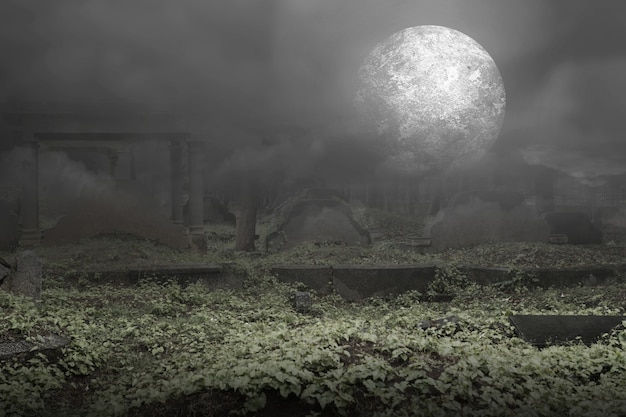 Tombstones on the graveyard with full moon background. halloween concept