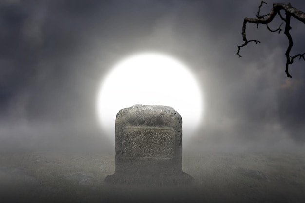 Tombstones on the graveyard with full moon background Scary Halloween background concept