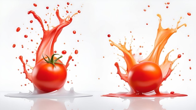 Photo tometo with splashes of juice closeup isolated on a white background