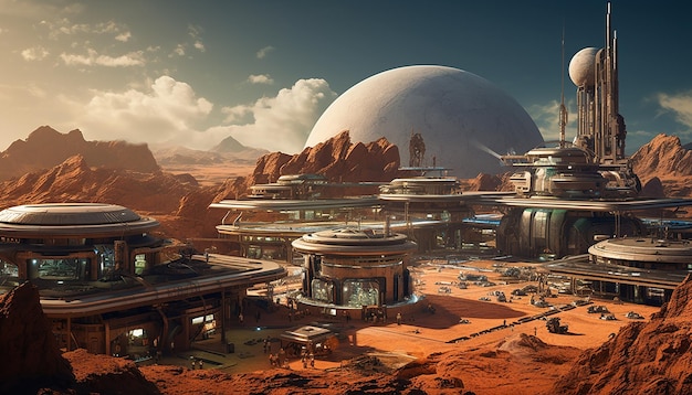 Photo tomorrowland in mars futuristic life and colony settlement at mars planet