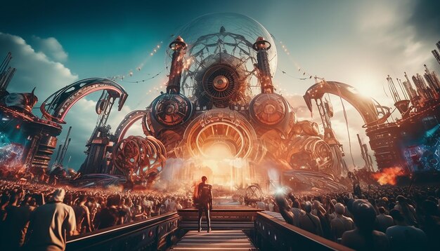 Foto tomorrowland festival musicale sul palco futuristico di marte