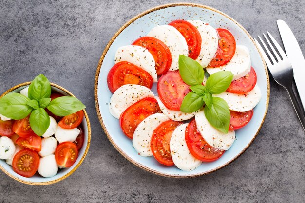 Tonatoes, mozzarella cheese, basil and spices on gray slate stone chalkboard. 