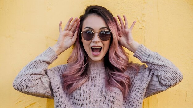 Toned portrait of exited happy woman with unusual trendy ombre pink hairs posing at yellow wall su