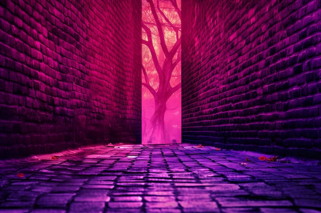 Toned purple blue green brick wall street neon effect Colorful rough background with space