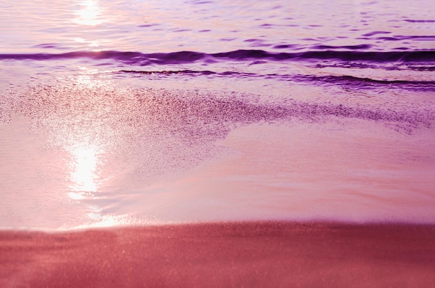 Toned purple photo of beach Marine background Sea coast at sunset Glare of setting sun on wet sand