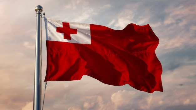 Tonga Waving Flag Against a Cloudy Sky