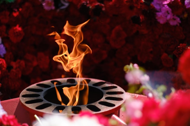 Tongen eeuwig vuur tussen bloemen rozen en anjers gelegd voor de eeuwige vlam