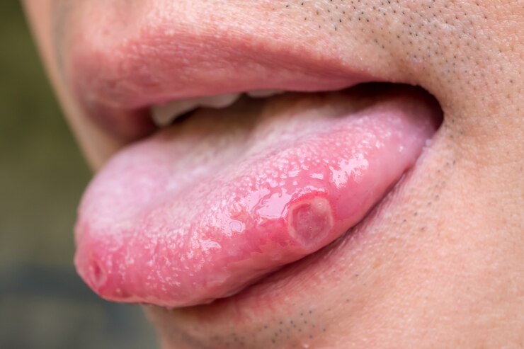 Photo tongue with ulcers of adult man