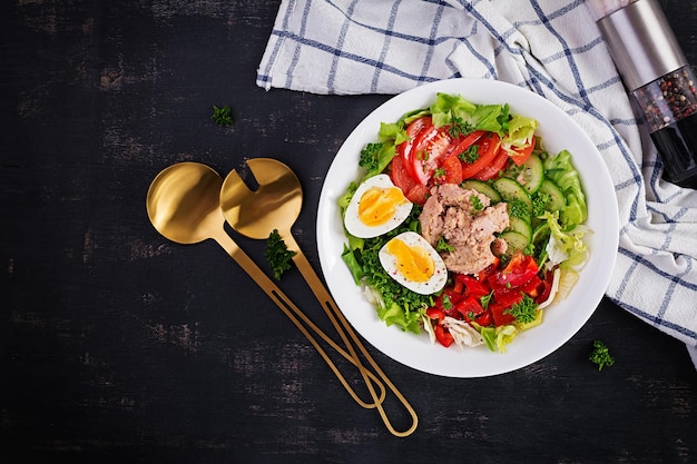 Tonijnsalade met sla, tomaten, komkommer, gekookt ei en paprika Gezonde voeding Franse keuken Bovenaanzicht kopieerruimte plat leggen