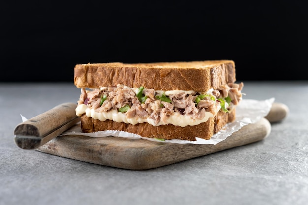 Tonijnsandwich met mayo en groenten op grijze ondergrond