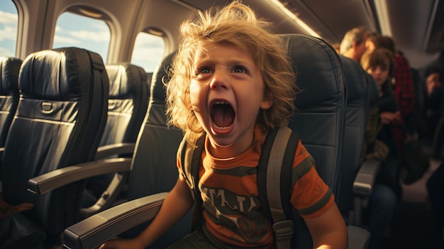 Foto toodler jongen die een woedeaanval heeft terwijl hij bij het vliegtuigraam zit boos kind schreeuwt
