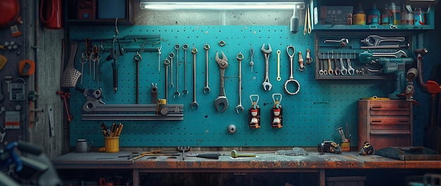 Photo tool board with tools in a bike mechanic workshop tools hanging on the wall in front the workshop