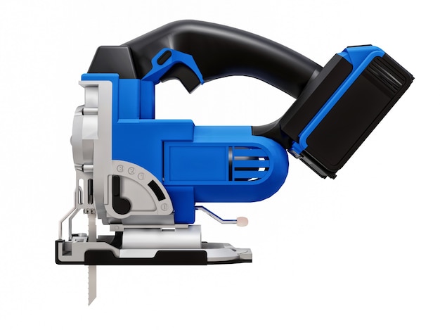 The tool is a blue electric jigsaw on a white isolated background. 3d rendering.