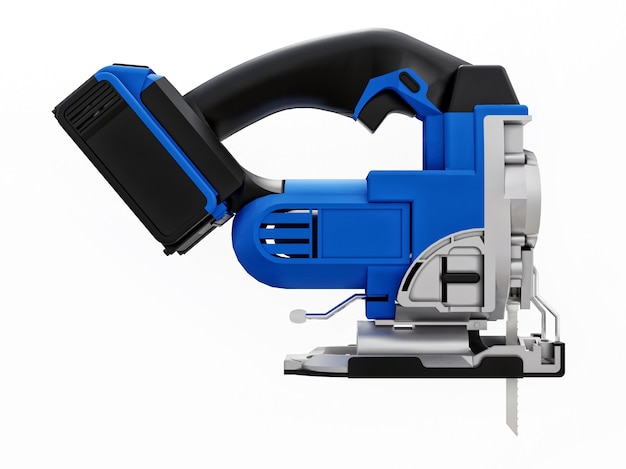 The tool is a blue electric jigsaw on a white isolated