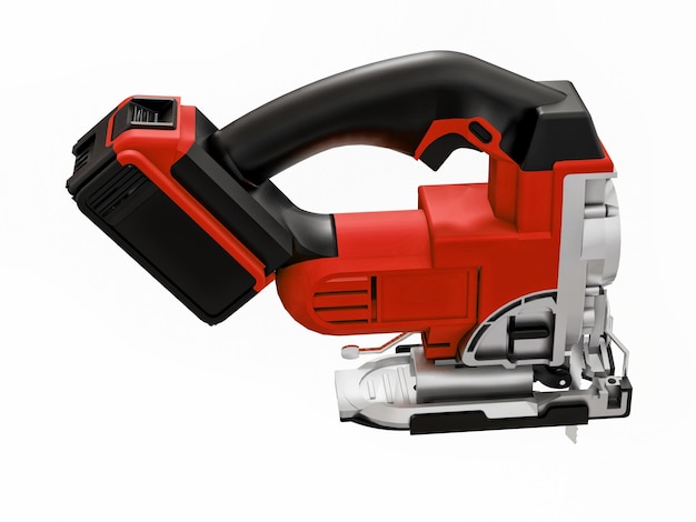 The tool is a red electric jigsaw on a white isolated background 3d rendering