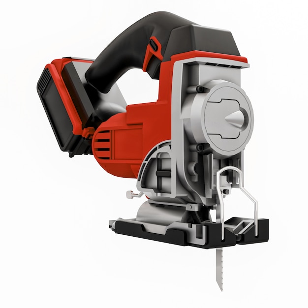 The tool is a red electric jigsaw on a white isolated background. 3d rendering.