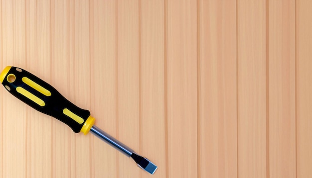 A tool on a wooden surface with a yellow handle that says'hammer'on it