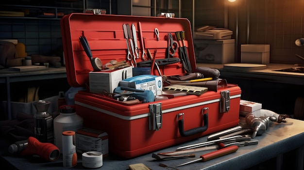 Toolbox arrangement with fire extinguisher first aid kit promoting job site safety