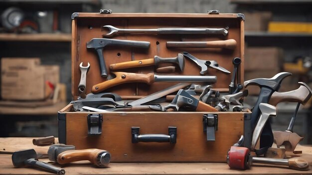 Toolbox set of tools include hammer wrench