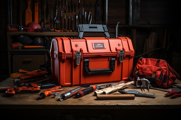 Toolbox and Tools Arranged on Wooden Table AI