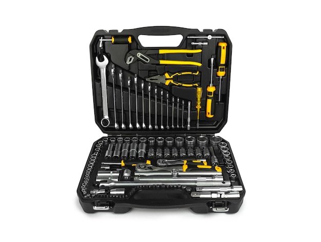 Toolbox tools kit case detail close up instruments set of yellow tools car tool kit tool set background instruments for repair