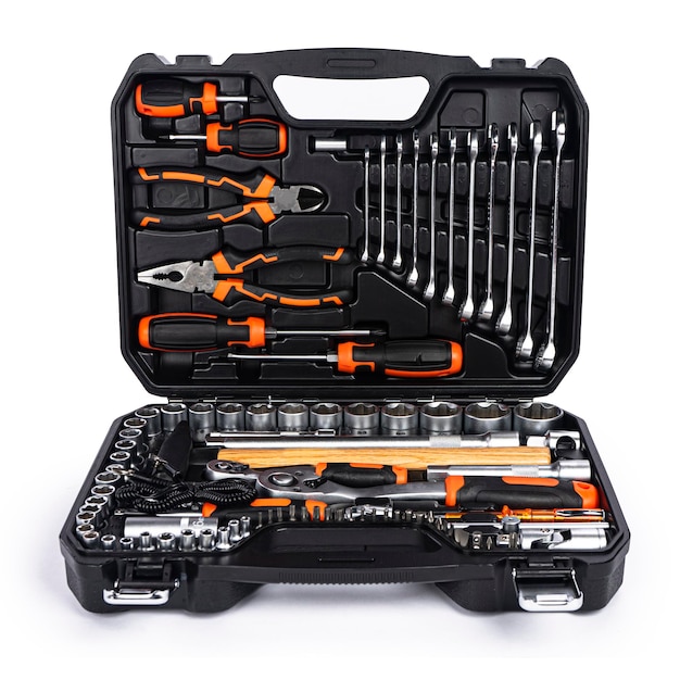 Photo toolbox tools kit detail close up instruments set of tools car tool kit tool set background instruments for repair