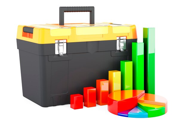 Toolbox with growth bar graph and pie chart 3D rendering