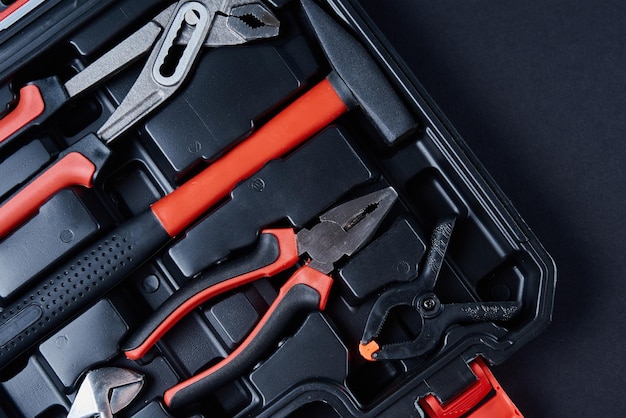 Toolbox with hand instruments for repair and maintenance close up