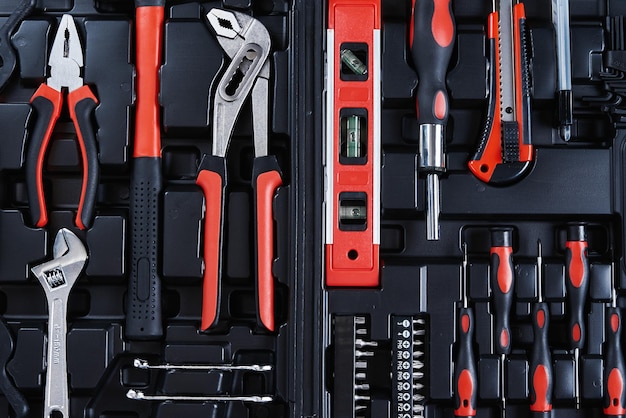 Toolbox with hand tools for repair close up set of instruments for maintenance