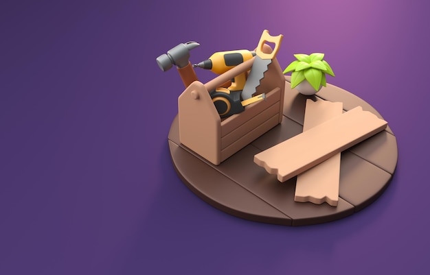 Ящик для инструментов с деревянными досками 3D