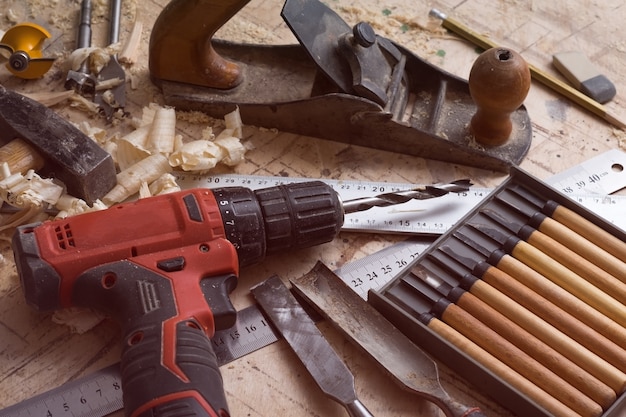 Tools for carpentry on the table