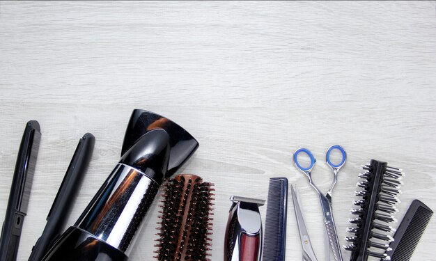 Tools for cutting hair Space for the text Hairdressing tools on the desktop of a beauty salon