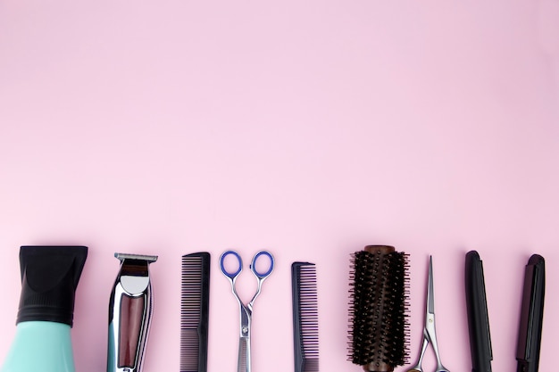 Tools for cutting hair Space for the text Hairdressing tools on the desktop of a beauty salon