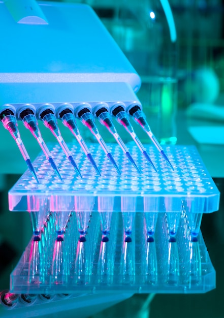 Tools for DNA analysis, pcr multichannel pipette and 96 well plate, coronavirus nucleic acids testing in progress. Novel coronavirus covid-19 testing for nucleic acids, rna signaure of SARS-CoV-2.