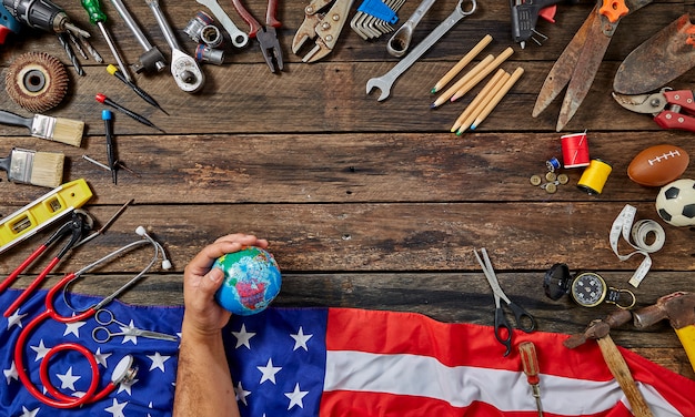 Tools Group Different Job On Rustic Wooden Table