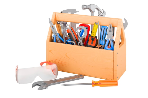 Tools inside wooden toolbox 3D rendering