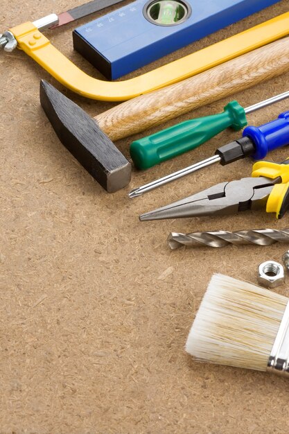 Tools and instruments on wood texture